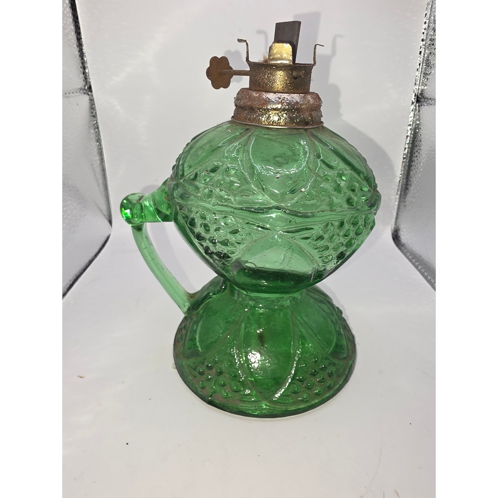 Vintage Green Pressed Glass Oil Lamp Hand Held Finger Loop Beaded Pattern 7in